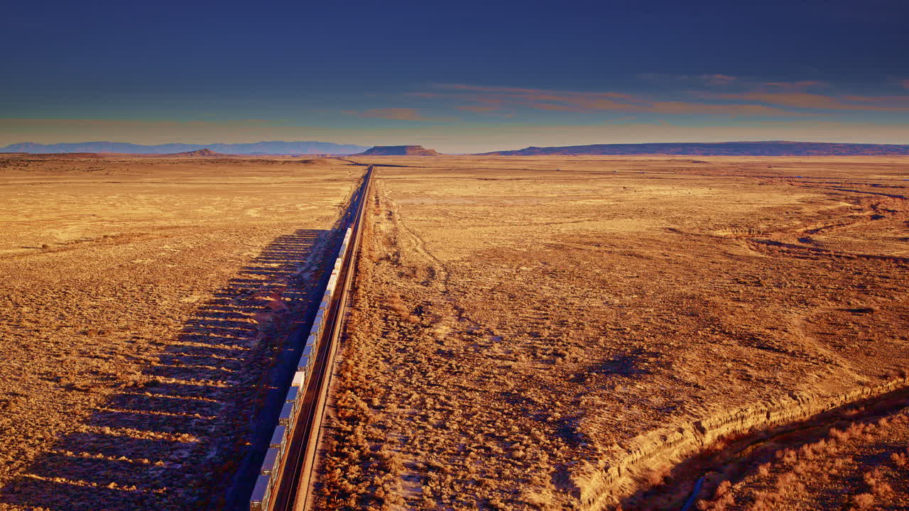 Treno merci aereo cinematografico che attraversa un vasto paesaggio occidentale, terreno desertico, industria dei trasporti.