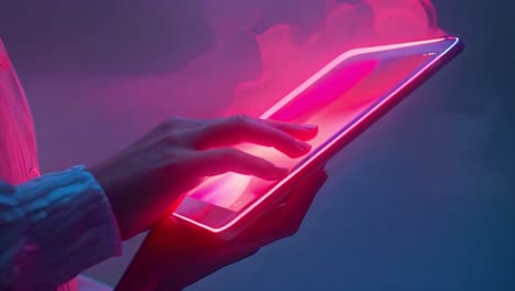 person interacting with a glowing tablet