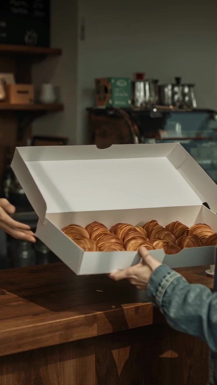 Vertical video: Customer reaching, staff passing box with croissants across cafe counter for pickup