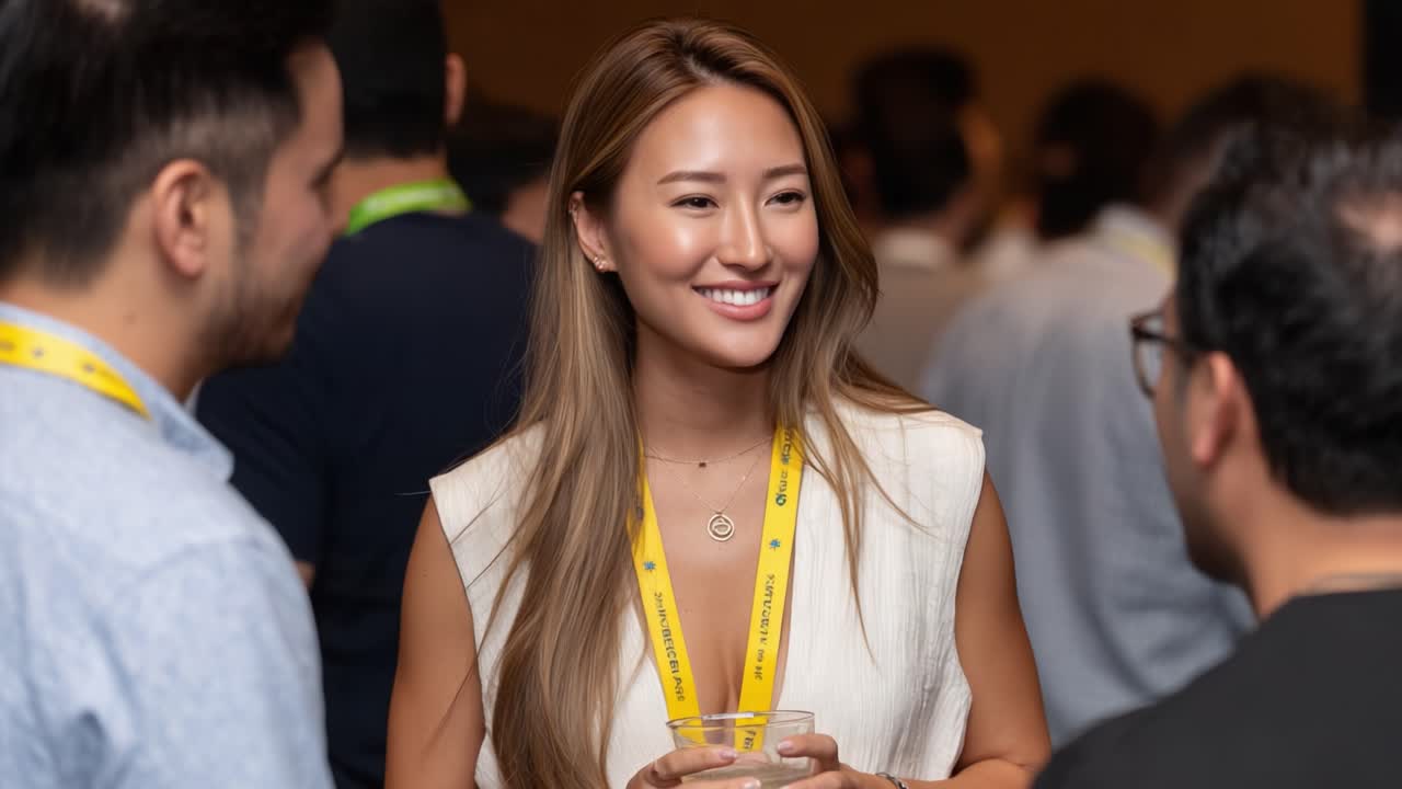 Engaging Conversation at Networking Event: A Young Woman with a Drink and Lanyard Smiles Amidst a Crowd of Attendees in a Professional Setting