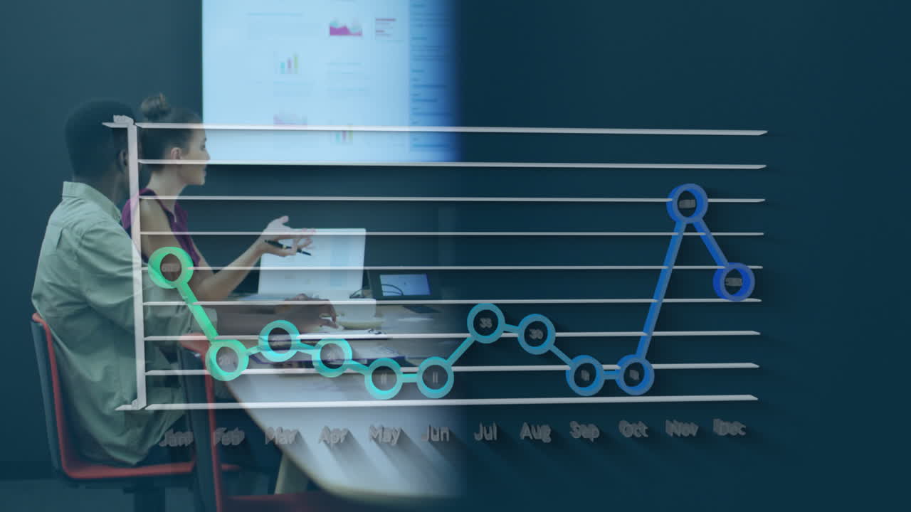 animación del procesamiento de datos estadísticos sobre diversos colegas discutiendo juntos en la oficina