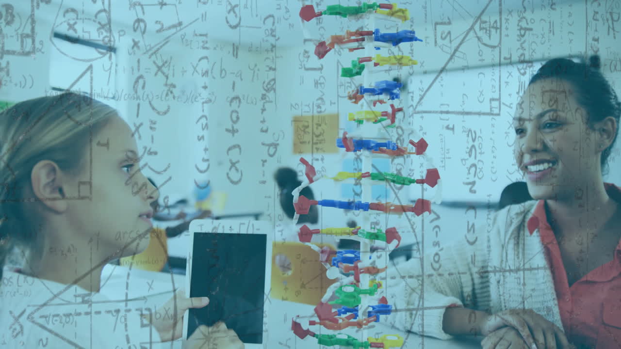 교실에서 공부하는 학생들에 대한 dna 모델과 과학 방정식 애니메이션