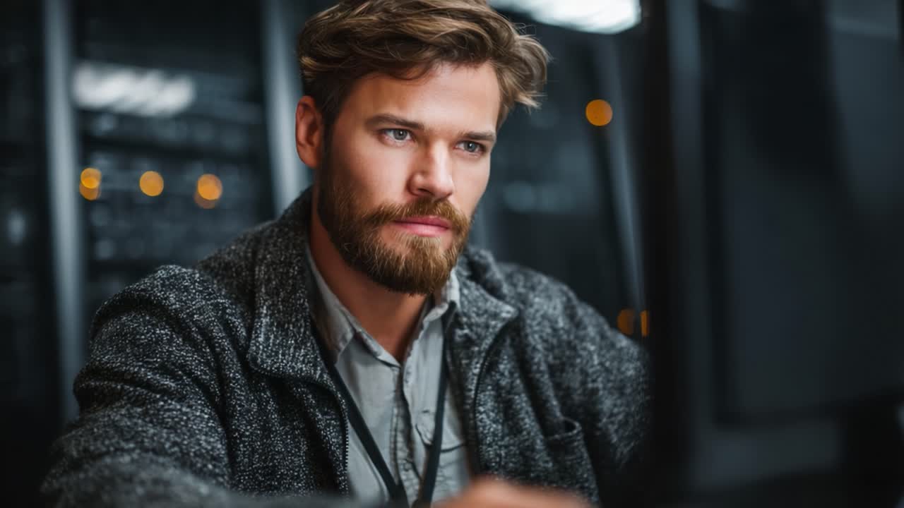 Focused Professional Working on Computer in Modern Office Environment with Datacenter Background, Enhancing Productivity and Engagement in Digital Tasks