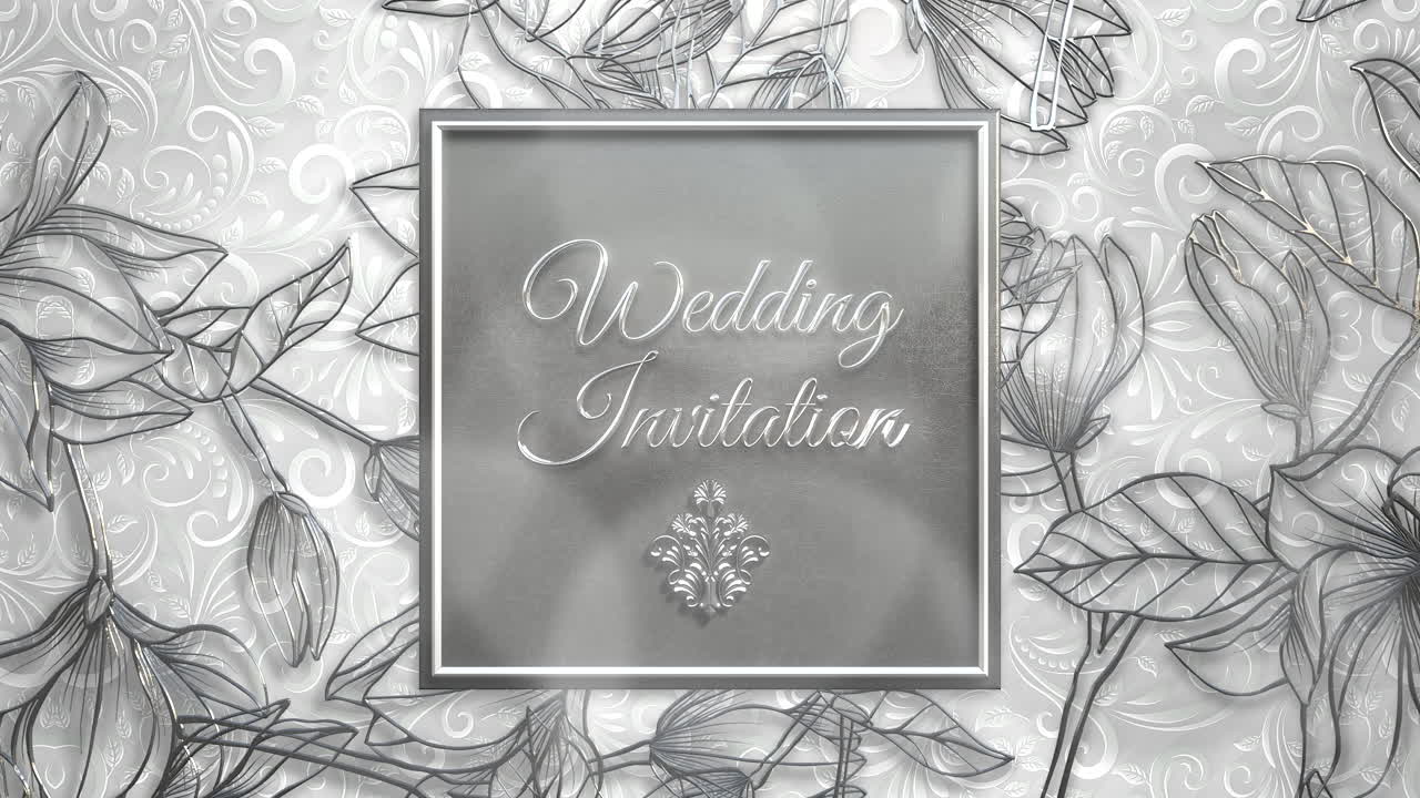 Closeup text Wedding Invitation and vintage frame with flowers motion