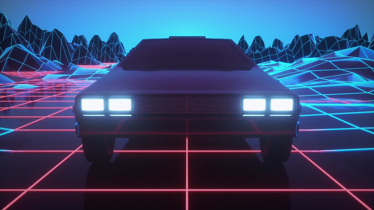 el coche retro del futuro, el estilo retrowave de vuelta a la década de 1980. 4k