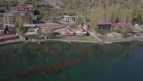 Aerial-shot-of-the-Kachura-Lakes-are-two-lakes-in-the-Skardu-District-of-Gilgit-Baltistan,-northern-Pakistan