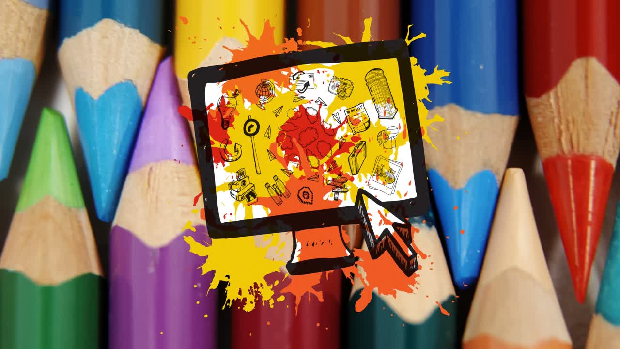 animación del icono de la computadora sobre lápices de colores sobre un fondo blanco