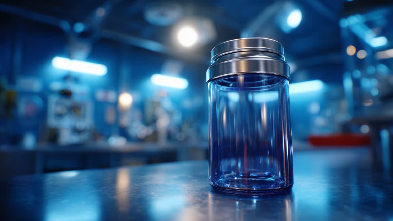 En fantastisk klar glasbehållare med ett metalliskt lock i en starkt upplyst laboratoriemiljö, som visar upp dess elegans och mångsidighet för olika användningsområden