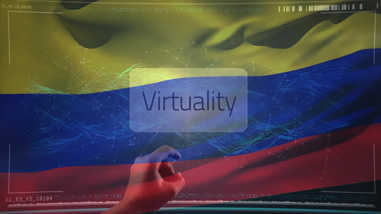 Pointing at Virtuality text with Colombian flag and digital network animation