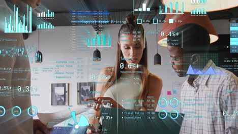 Animation of financial data processing over diverse business people in office