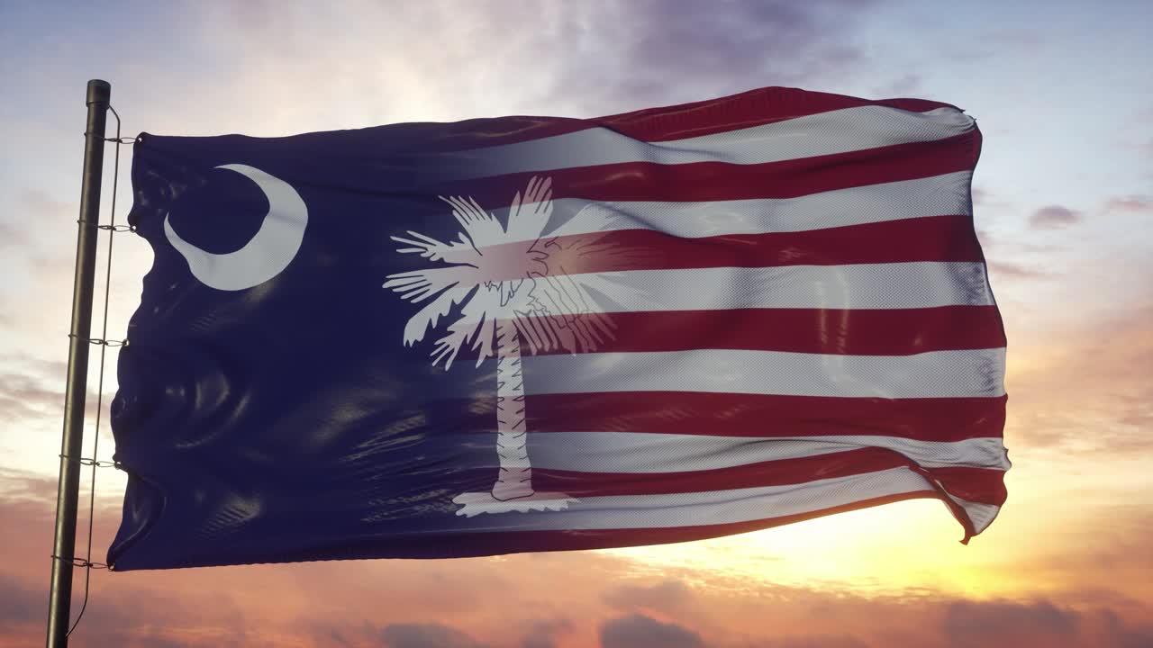 Bandiera della Carolina del Sud e Stati Uniti d'America sul pennone. Bandiera mista USA e Carolina del Sud che fluttua nel vento
