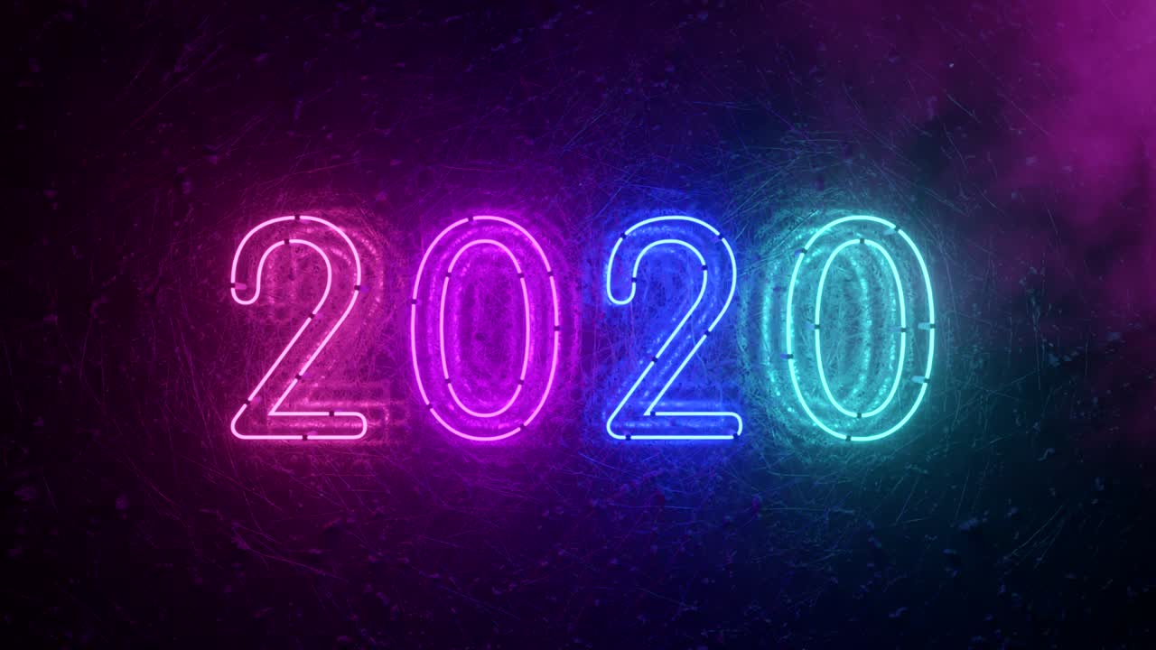 2020 neon sign background new year concept. Happy New Year. Metal background, Modern ultraviolet blue purple neon light. Flicker light