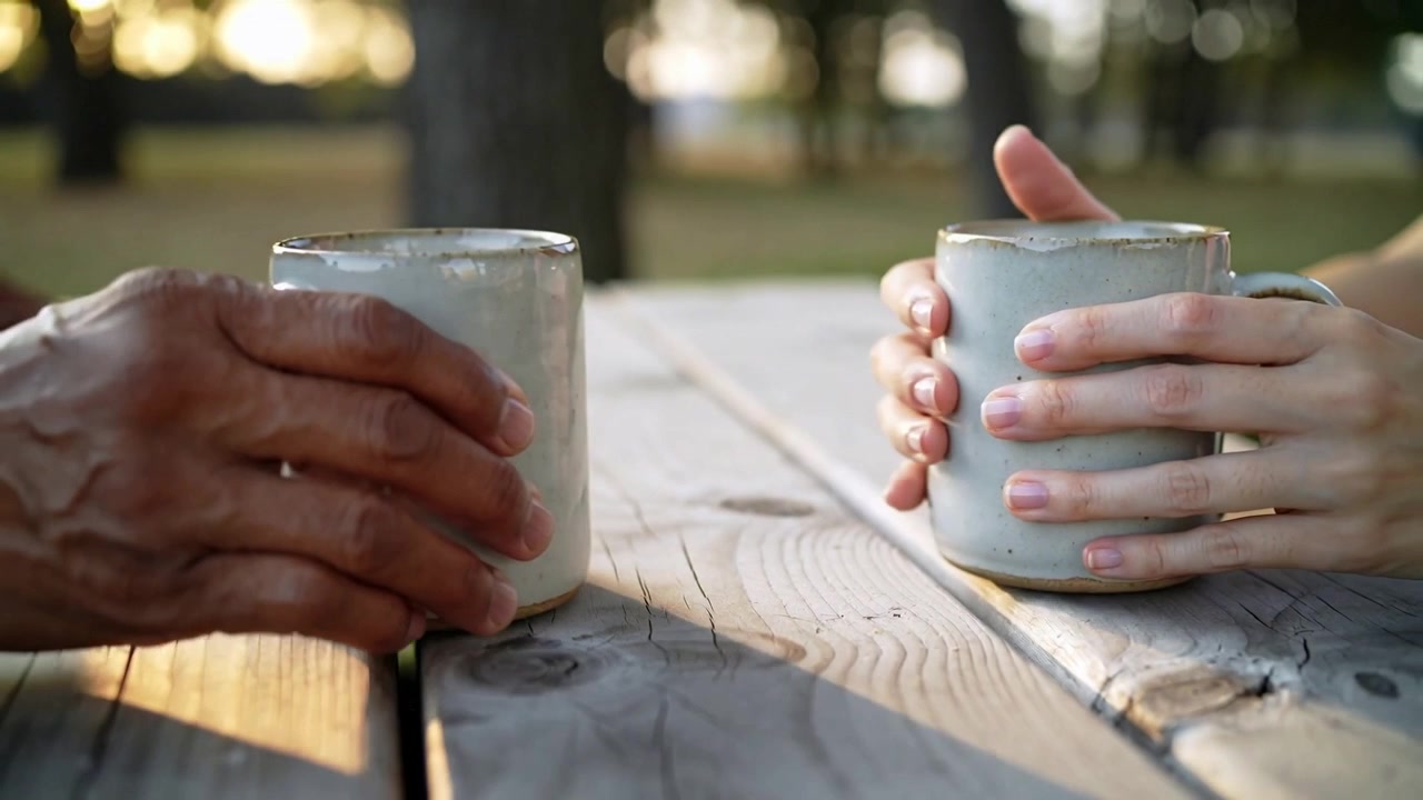Le mani di due adulti che si protendono, stringendo tazze di ceramica a un tavolo da picnic nel parco, condividendo un momento di tranquillità.