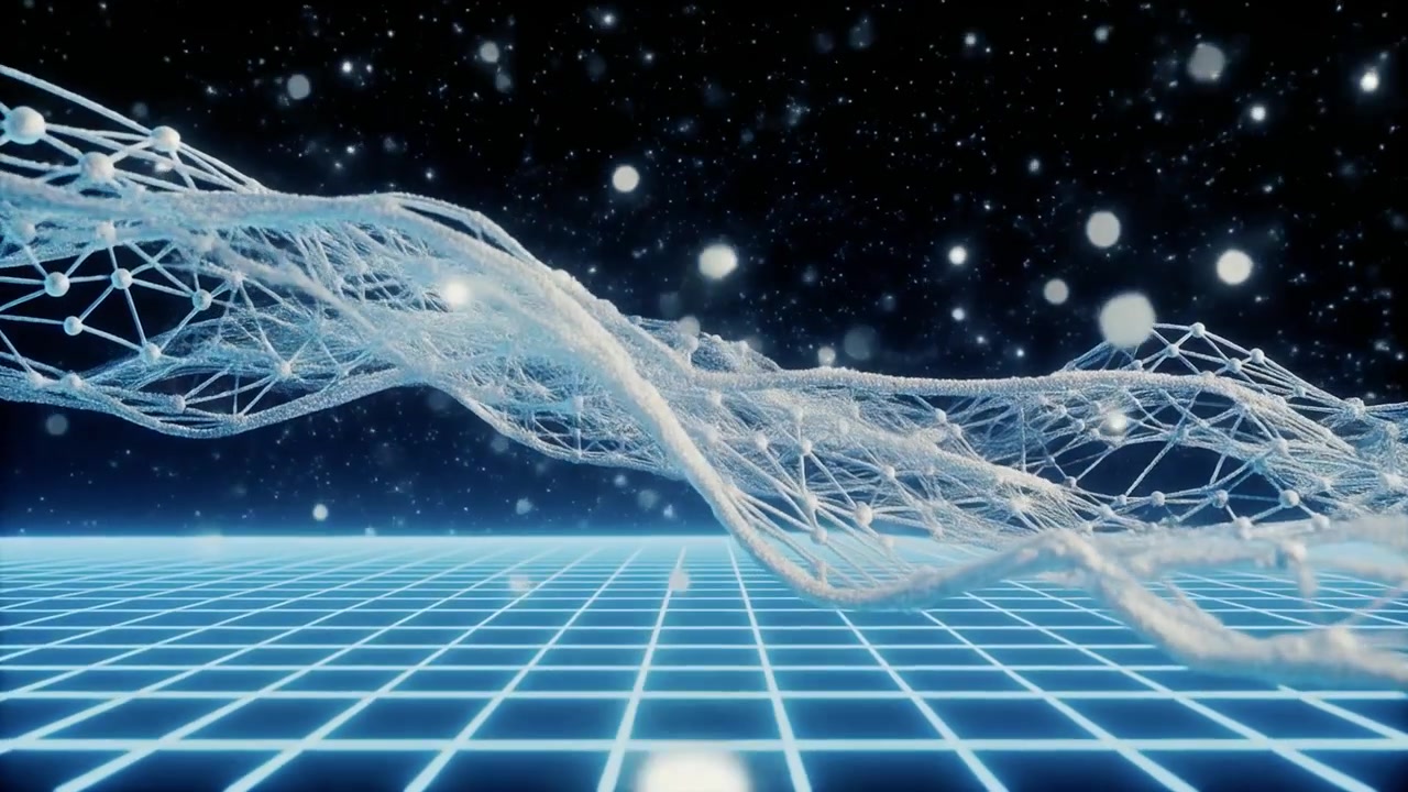 Abstract Digital Waveform with Glowing Particles and Grid Background