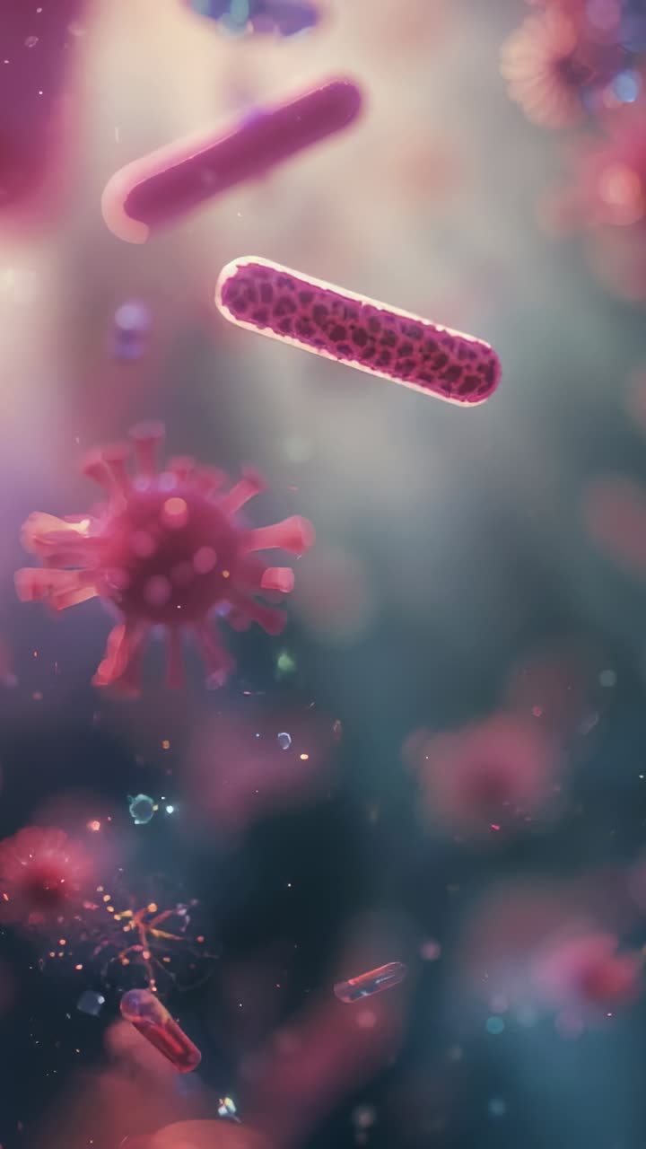 Vertical video: Focusing camera, spiky virus particle drifting past rods in fluid revealing texture
