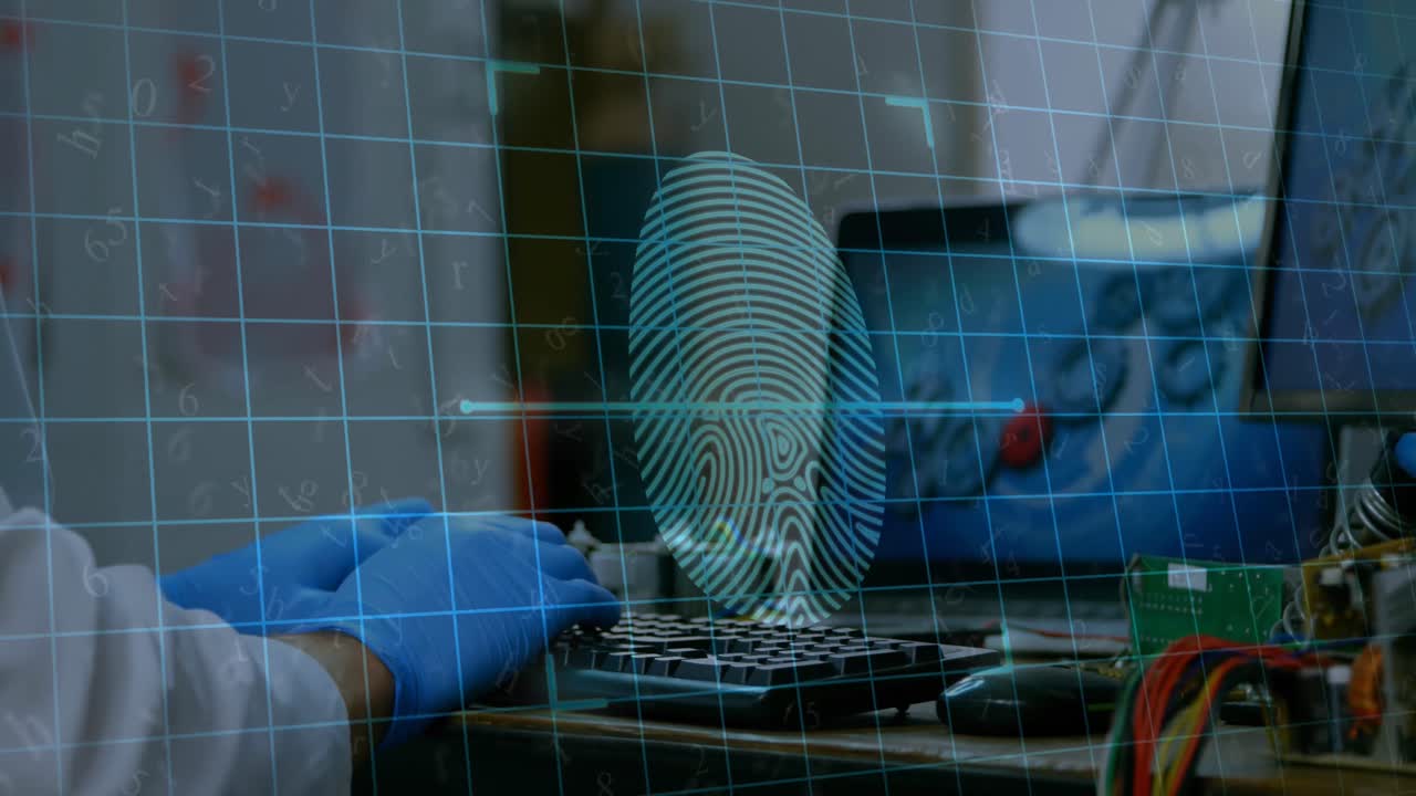 Premium stock video - Fingerprint scanner against scientist using computer