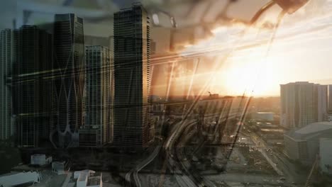 billetes de 100 dólares girando en el carrito de compras sobre el centro de miami atardecer negocio de drones aéreos, comercial concepto americano disparado