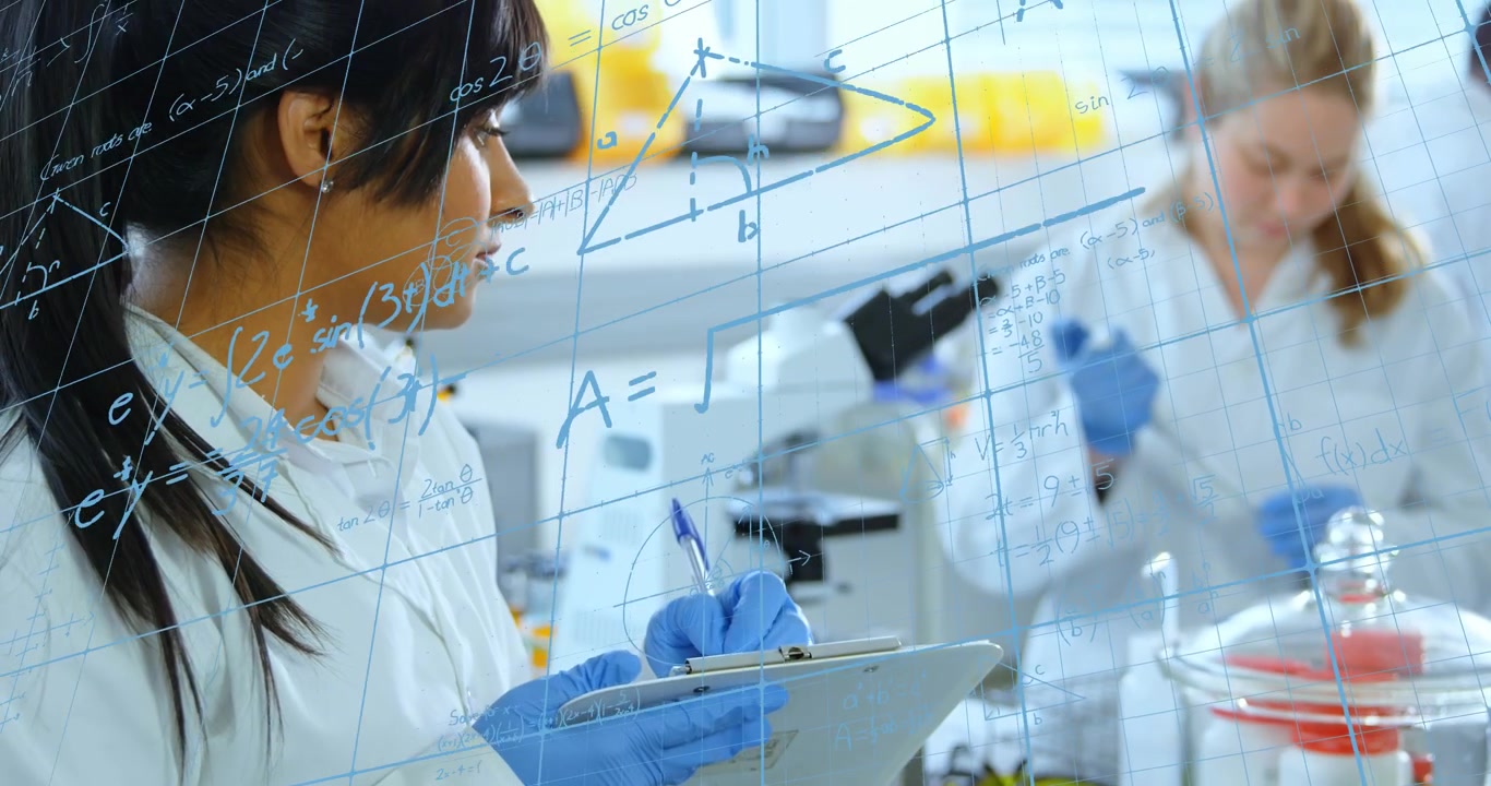 Scientists Conducting Research in Laboratory with Mathematical Formulas Overlay