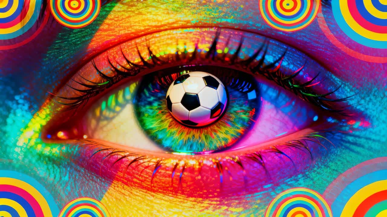 Projecting lights starting eye blinking and opening wide in studio, soccer-ball pupil, vivid makeup