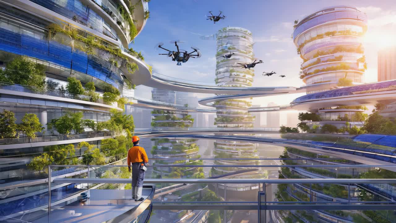 Futuristic Cityscape with Sustainable Architecture and Drone Technology