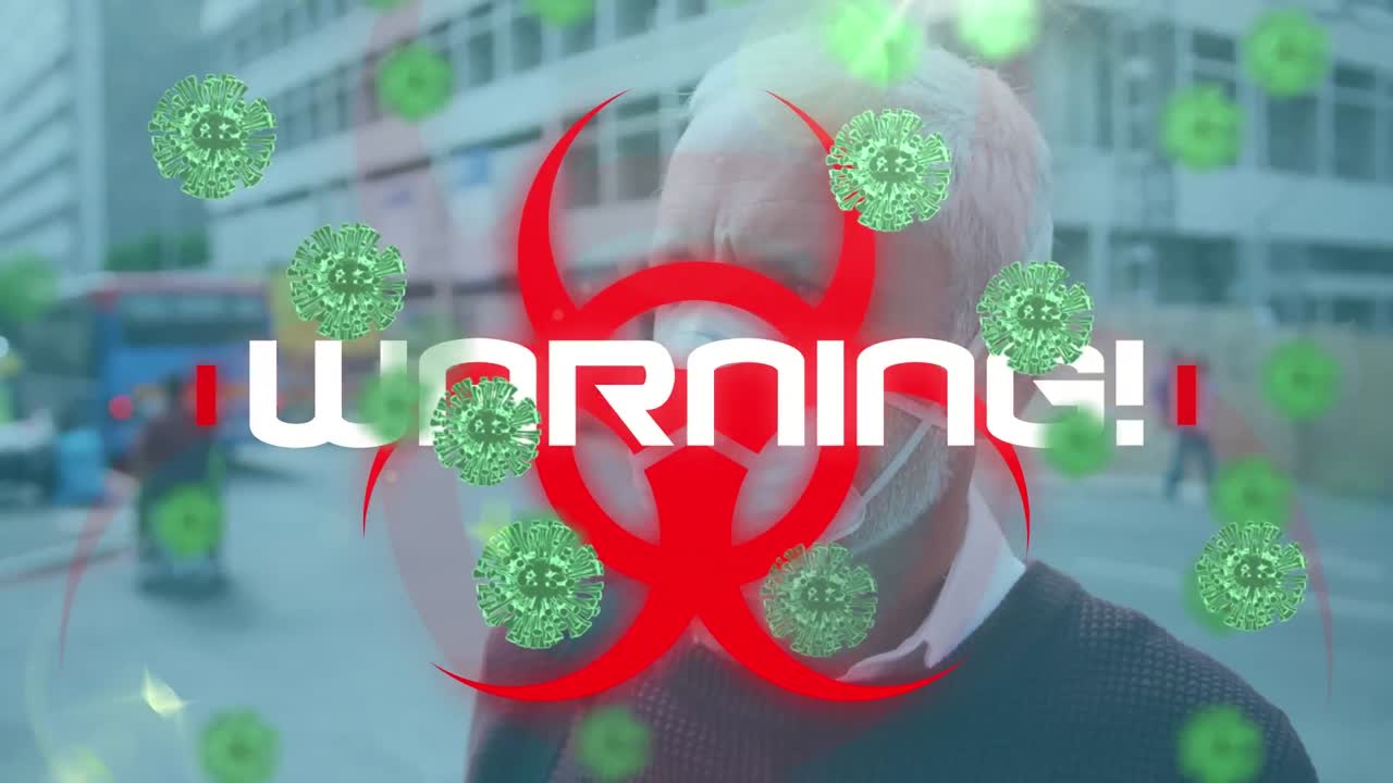 코로나 19 데이터 처리 및 세포의 애니메이션과 생물 위험 상징과 얼굴 마스크를 입은 사람