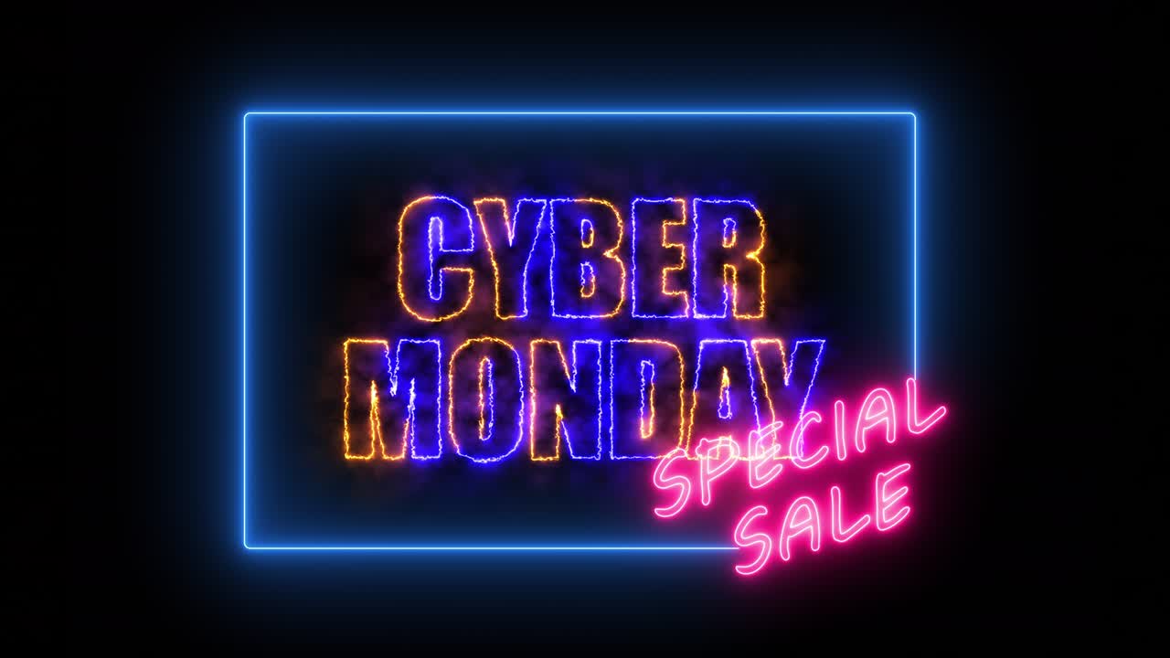 사이버 월요일 색있는 네온 표지판 검은색 배경으로 프로모션 비디오를위한 배너 프로모션 브랜드 판매의 개념