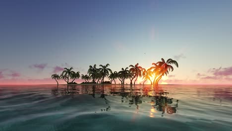 oasis distante al amanecer, puesta de sol imágenes sin fisuras. playa tropical vacía con palmeras y olas del océano balanceadas animación en bucle. paisaje marítimo escénico por la mañana, luz del sol por la noche video realista