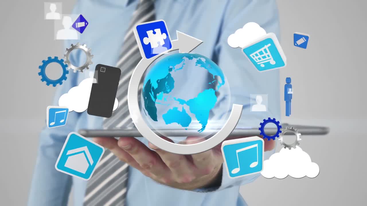 hombre de negocios usando una tableta para ver un holograma