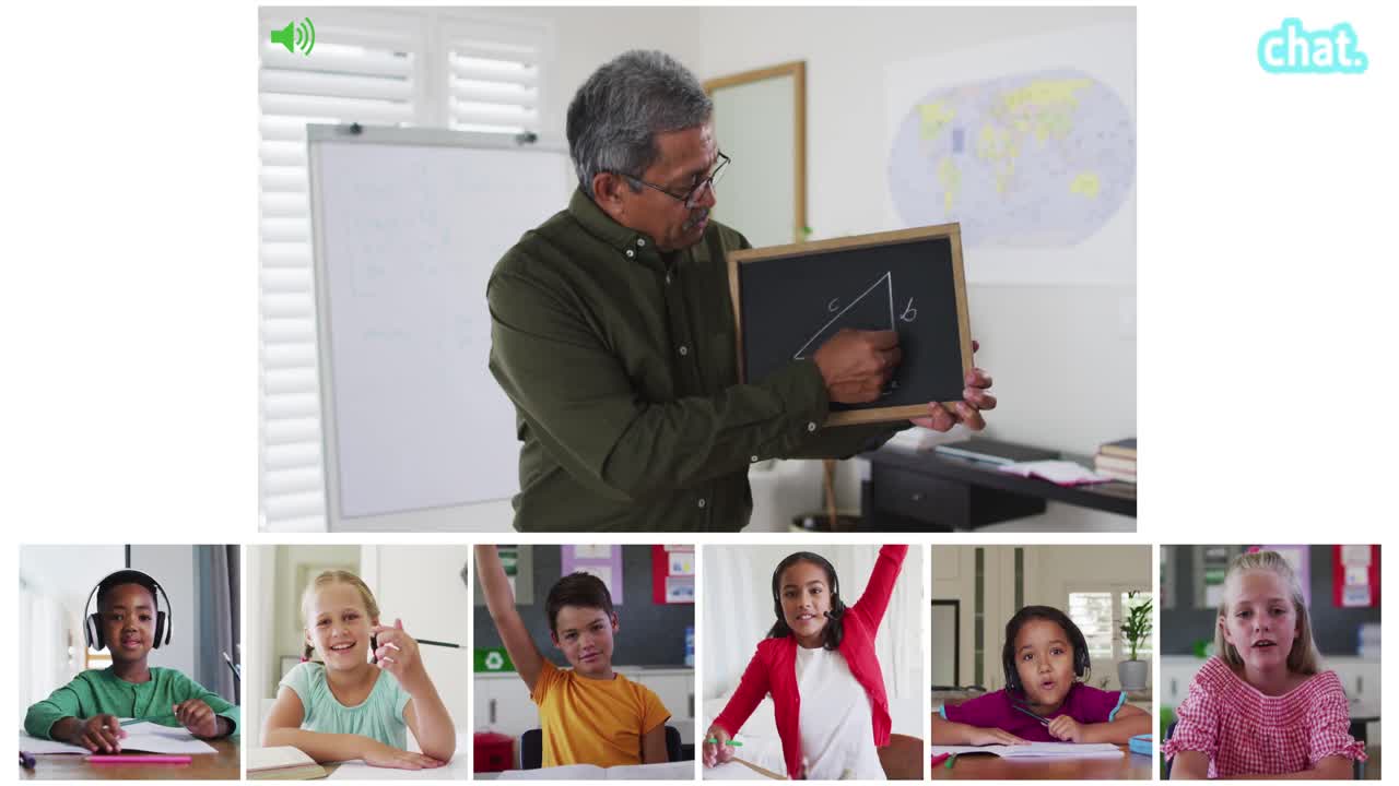 animación de pantallas de videollamadas de pizarra y diversos maestros y niños que tienen lecciones en línea
