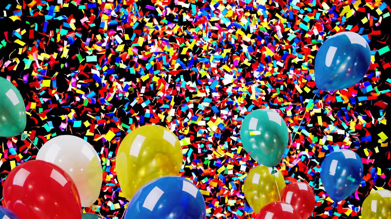 Scena di celebrazione vivace con palloncini colorati e coriandoli da una prospettiva ad angolazione bassa.