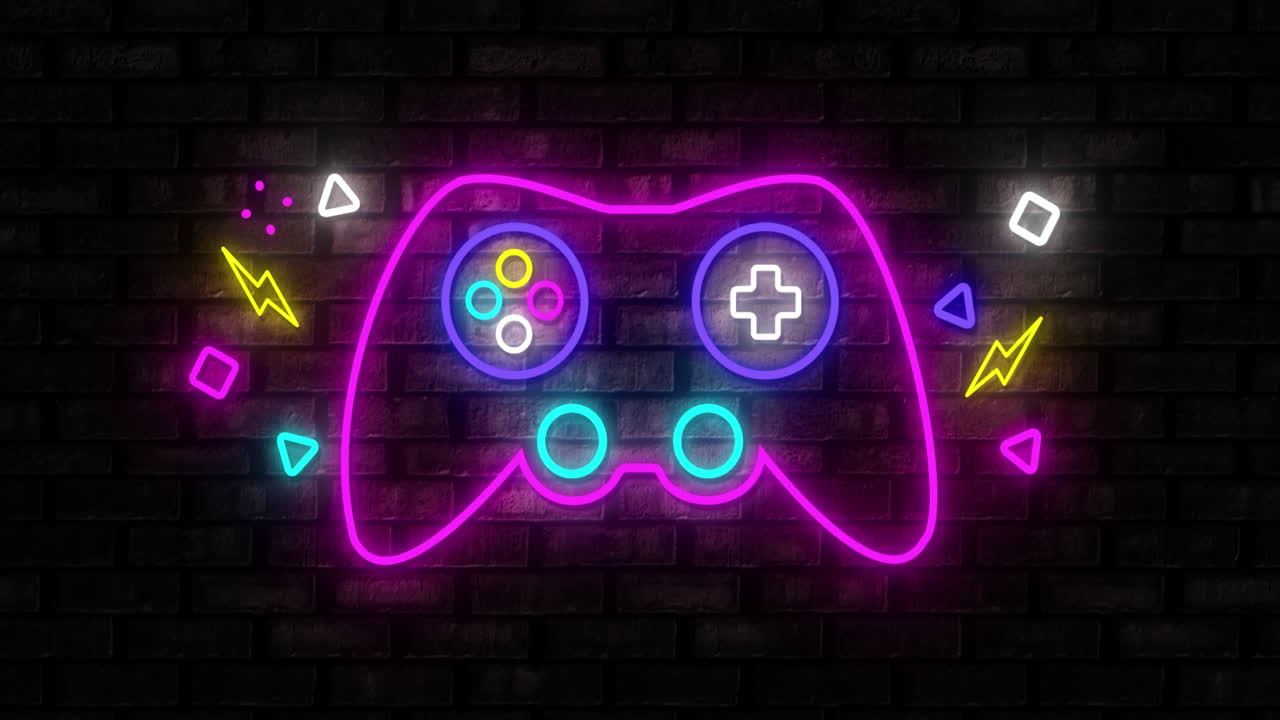 Neon Gaming icons on black background 4k