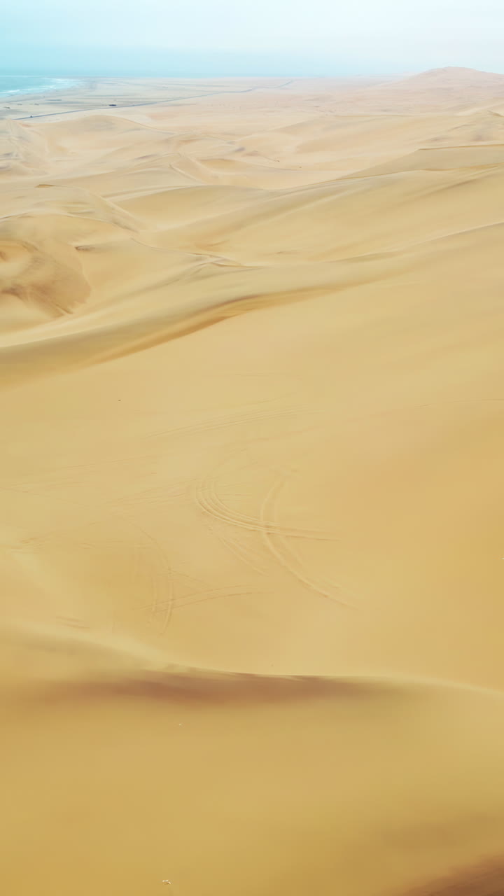Veduta aerea da drone di dune di sabbia dorata del deserto del Namib con tracce di pneumatici che attraversano le dune e l'Oceano Atlantico visibile in lontananza. Verticale.