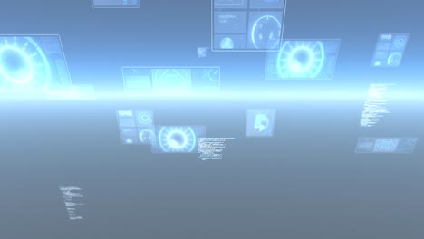 animación del procesamiento de datos y el escaneo de ámbitos en pantallas sobre un fondo azul brillante