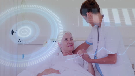 comforting elderly patient, healthcare professional using digital data animation in hospital