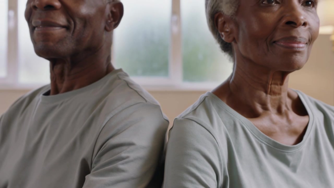 Sitting back-to-back couple wearing sage tees, smiling as pullback revealing faces and home window
