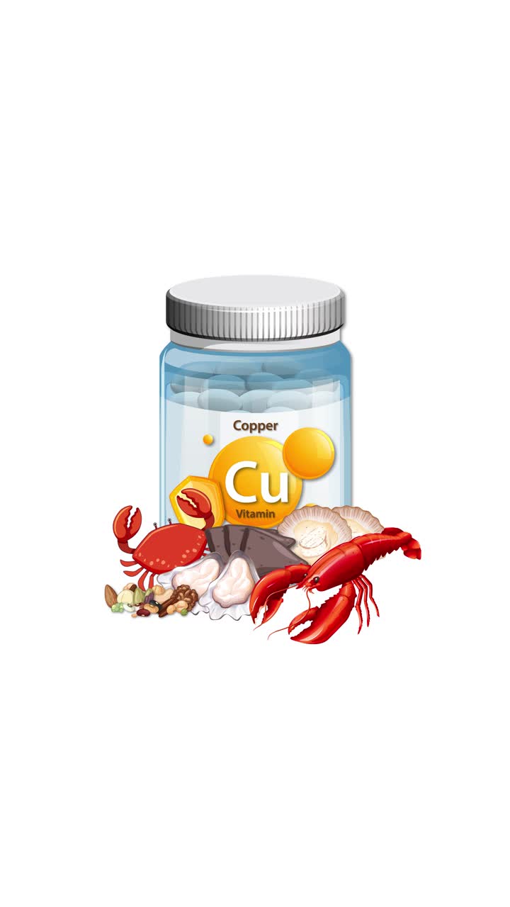 Copper supplement bottle gradually surrounded by crab, lobster, shellfish, and nuts on white background