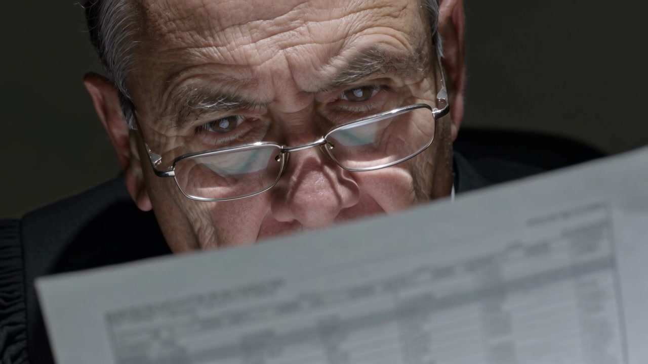 Holding report low senior raising gaze pushing specs inspecting table for review in office robe