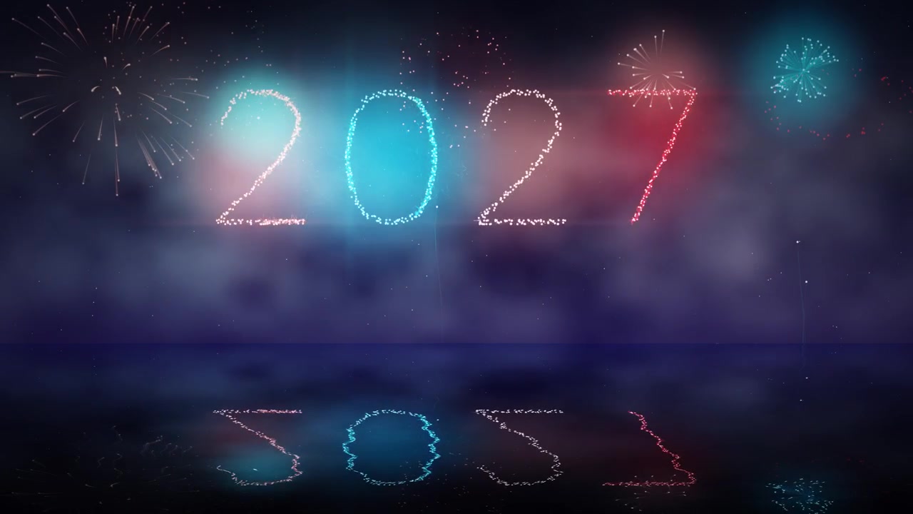 2027 formato da fuochi d'artificio colorati che esplodono dopo un conto alla rovescia, spettacolo pirotecnico a Capodanno
