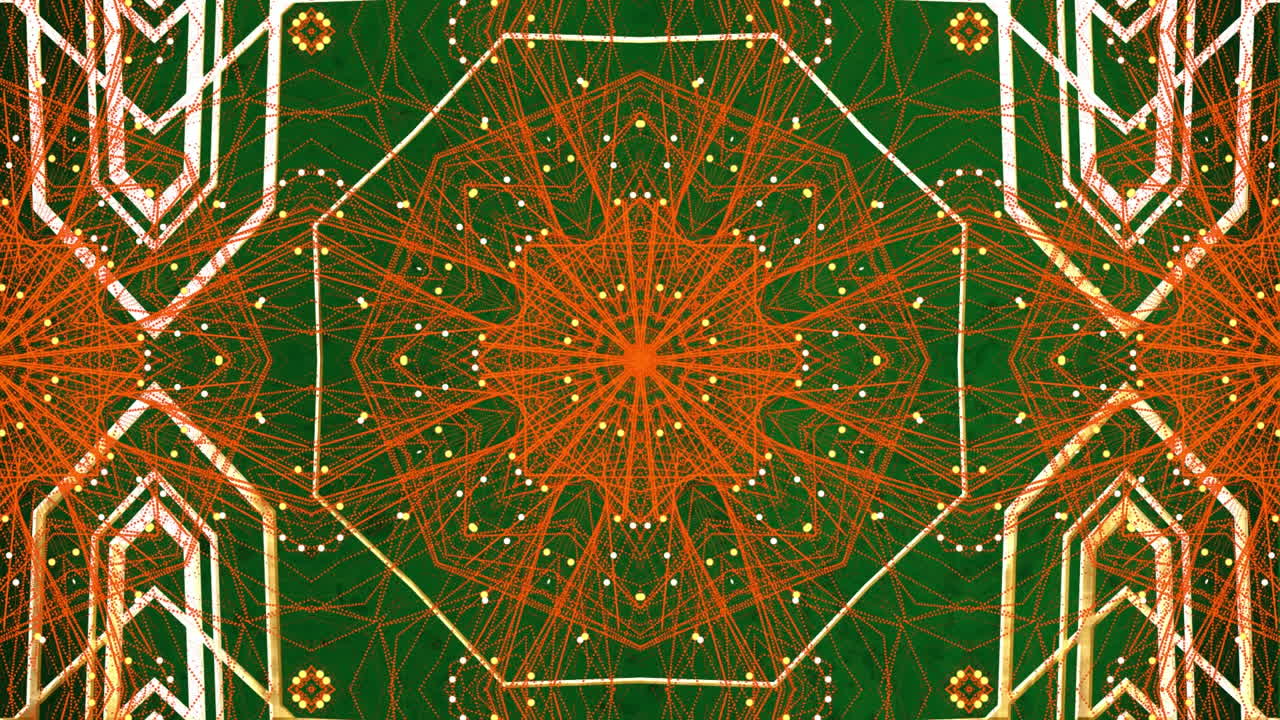 빨간색 칼레이도스코프 모양의 디지털 애니메이션이 녹색 배경에서 최면적인 움직임으로 움직입니다.