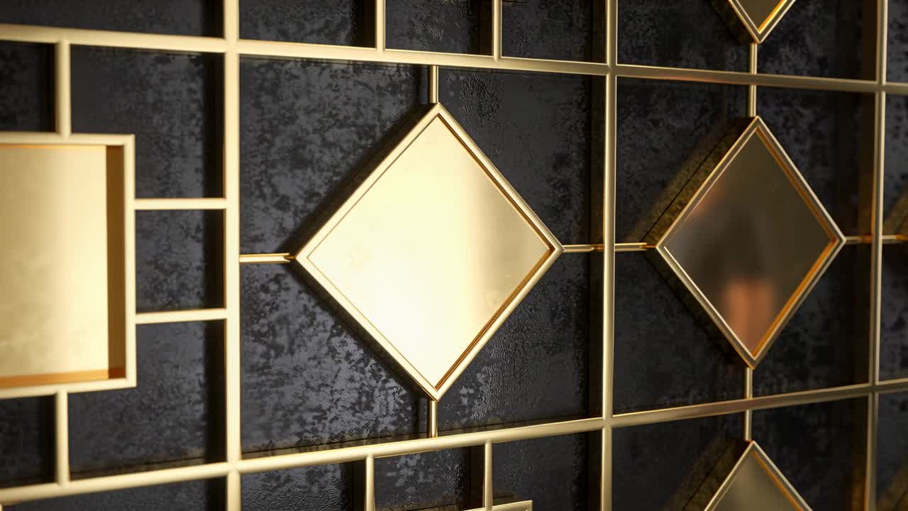Telecamera in panoramica che rivela una griglia metallica dorata nella hall, evidenziando i riflessi centrali a forma di diamante.