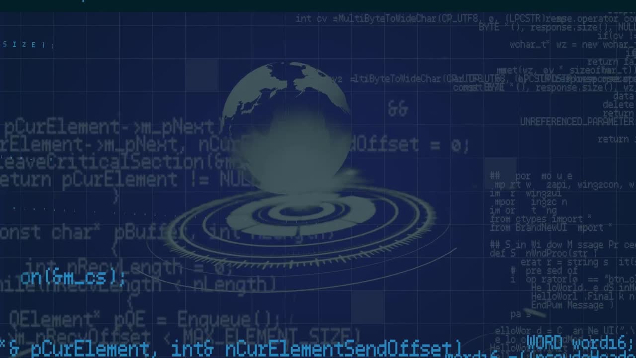 animación del procesamiento de datos con globo sobre fondo azul