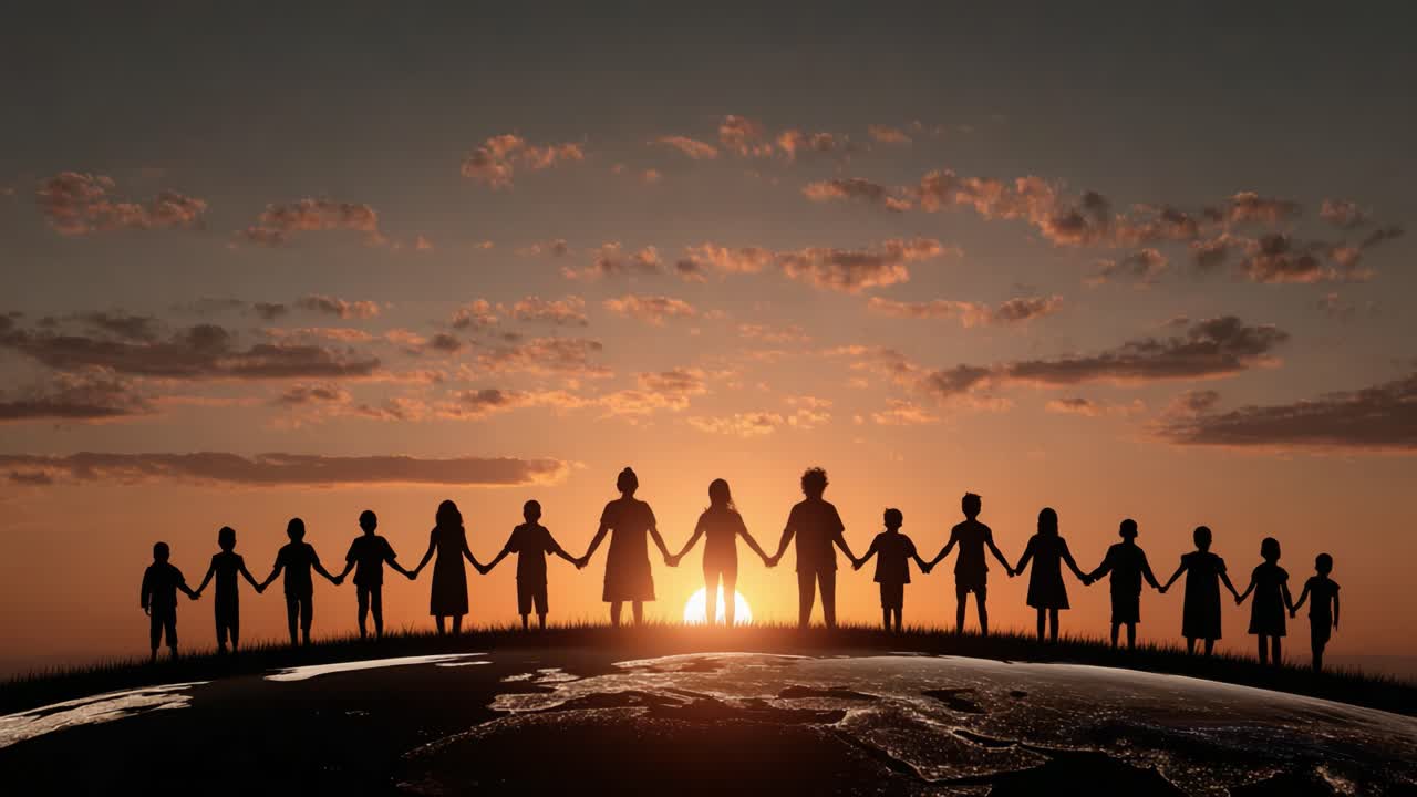 A Collective Embrace of Unity Against a Golden Sunset Horizon, Portraying Individuals Holding Hands in a Silhouette at Earth's Edge