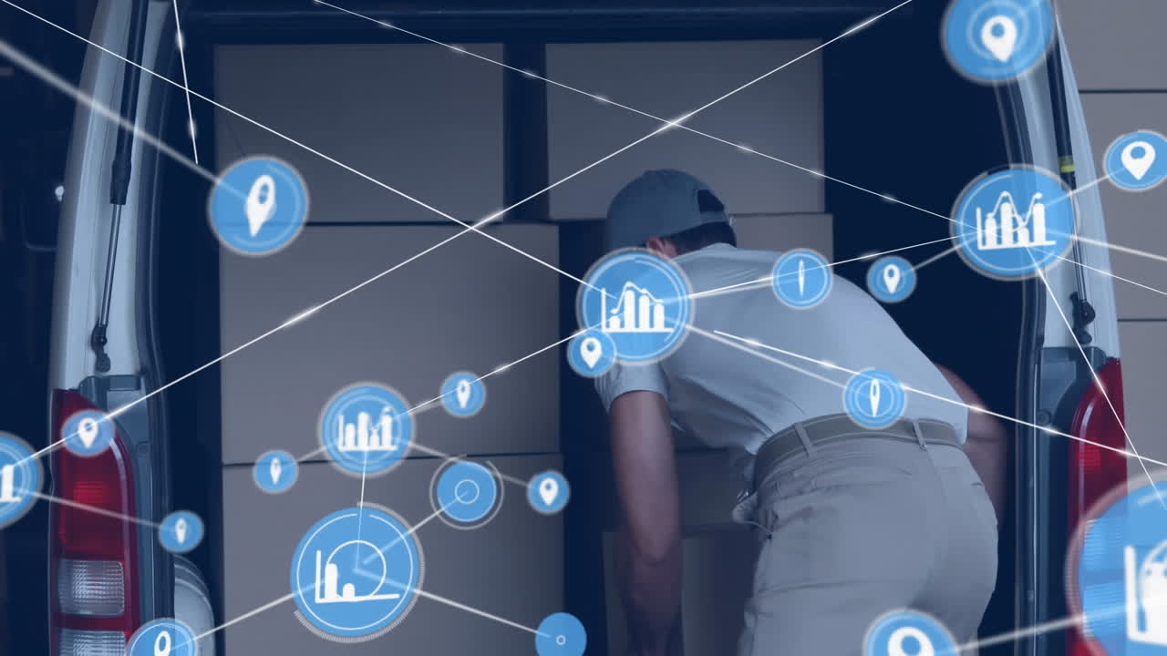 animación de la red de iconos de perfil sobre el repartidor caucásico descargando cajas de la furgoneta de entrega