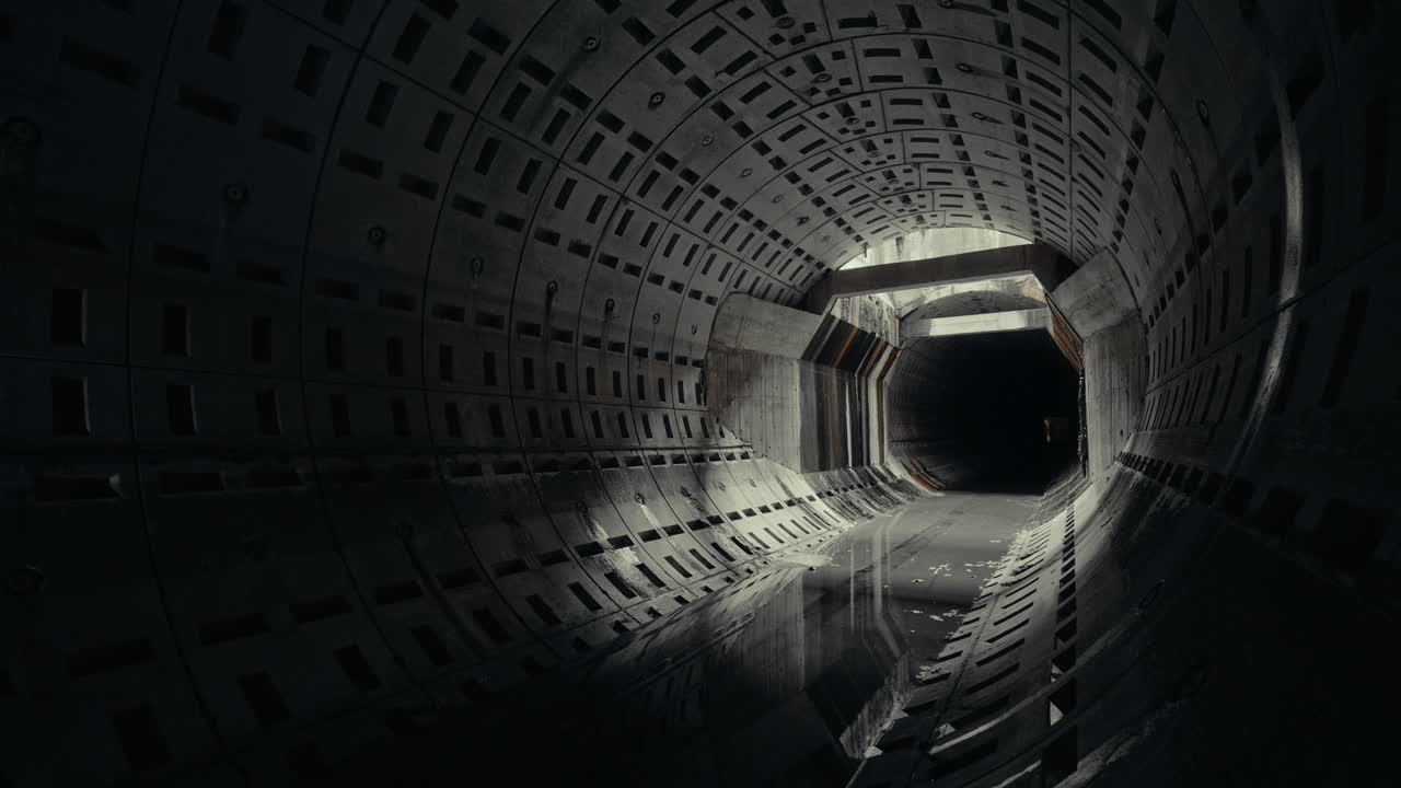 Karanlık Beton Tünel, Su Yansıması ve Uzaktaki Işık