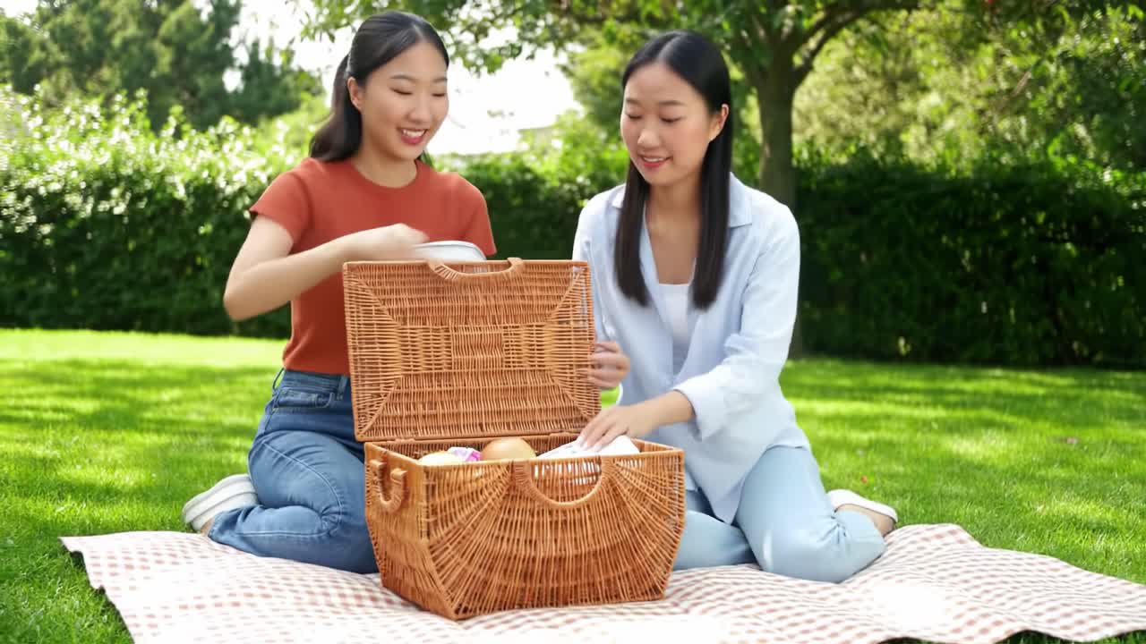 Two friends sit on a blanket in a lush green park, smiling and enjoying each other's company as they share food from a wicker picnic basket on a sunny afternoon.
