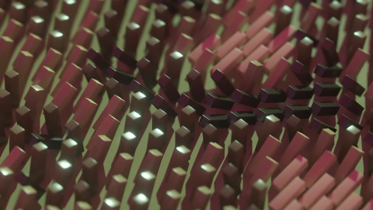 Abstract background of colorful rotating rectangles. The color changes depending on the angle of rotation. Surface of rectangles. 3d animation of seamless loop