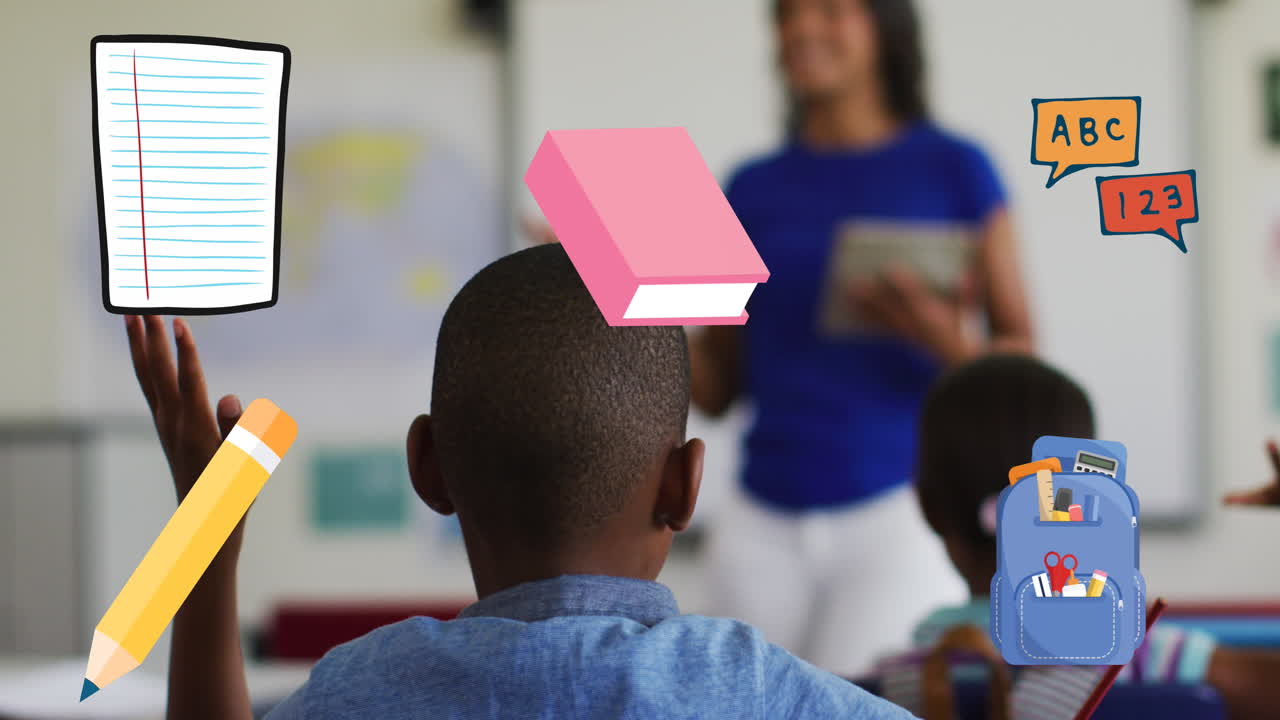 Animation of school icons over diverse schoolchildren with teacher
