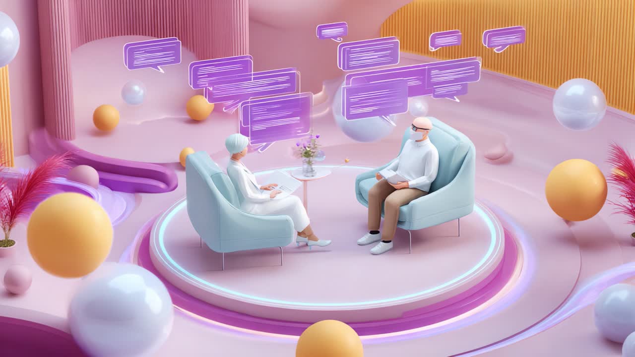 Two characters engaged in a digital conversation within a vibrant, abstract environment, highlighted by colorful speech bubbles and playful geometric shapes, representing modern communication