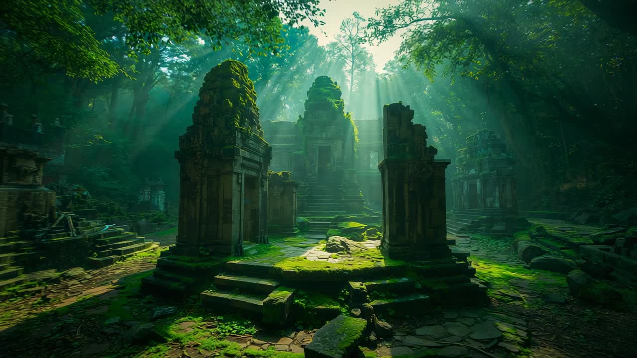 Advancing camera unveiling moss-covered pillars and staircase in temple, highlighting broken stones