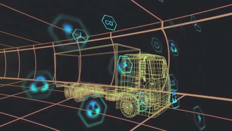 animation of eco icons and data processing over 3d car technical drawing